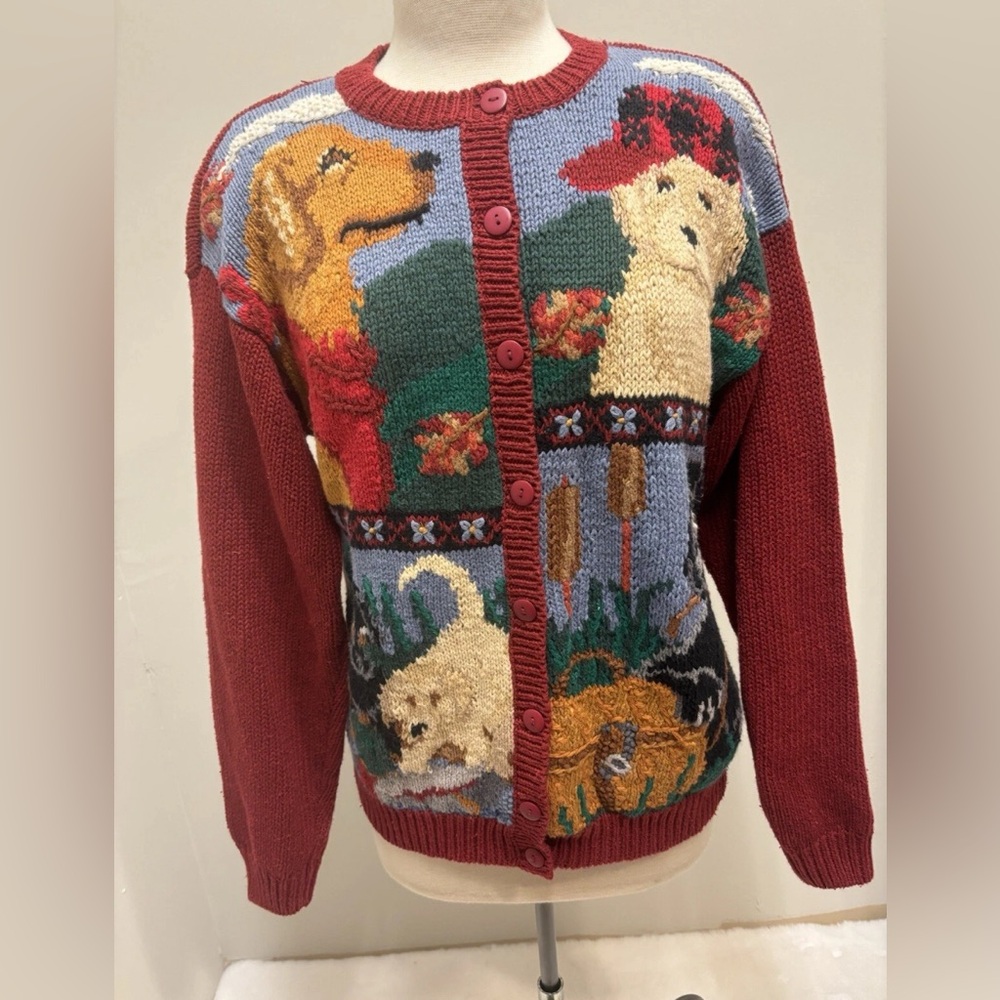 Vtg COUNTRYSIDE CLASSICS Hunting Dog Labrador Hand Knit Sweater Cardigan SZ S